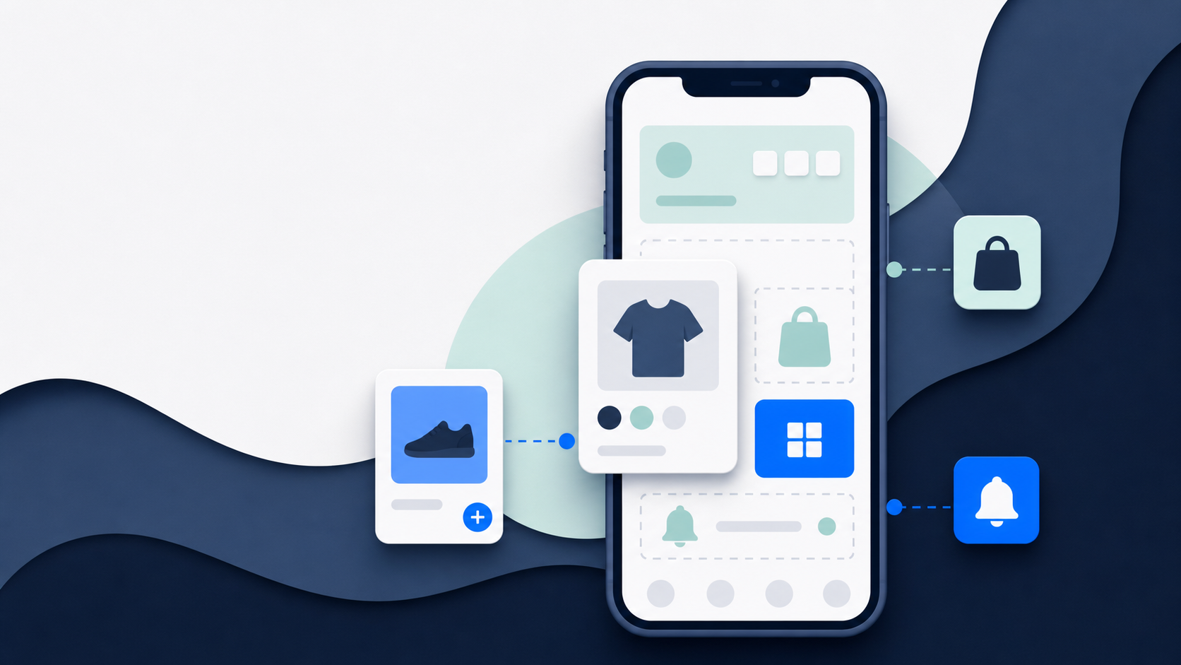A mobile ecommerce storefront assembled from modular product, shopping, and notification components.