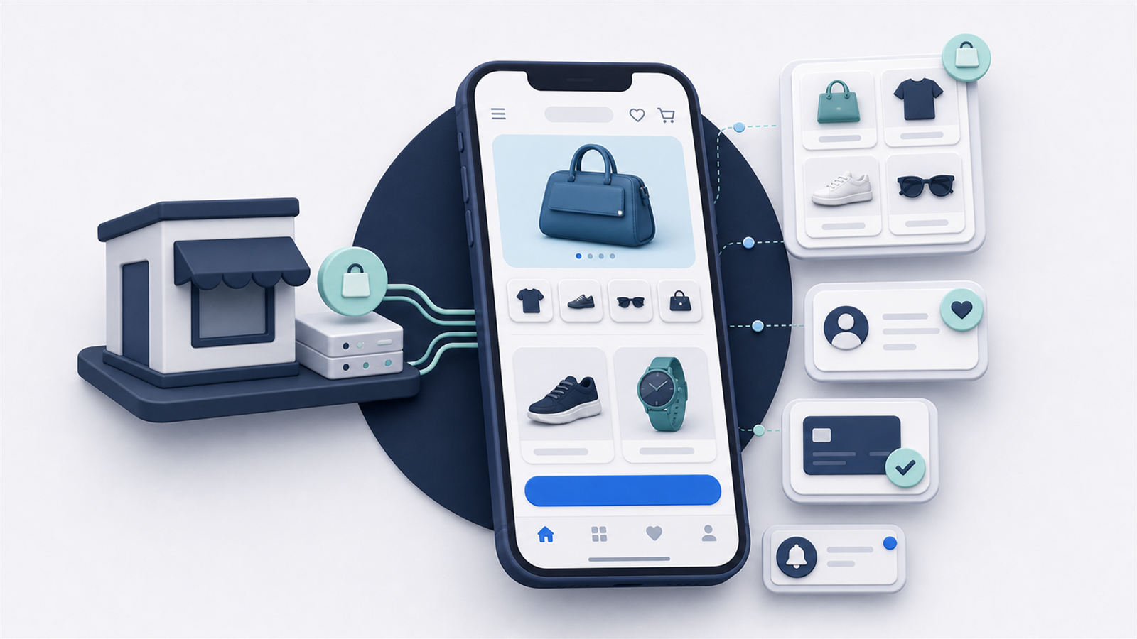An online store connected to a mobile shopping app with product, account, checkout, and notification features.